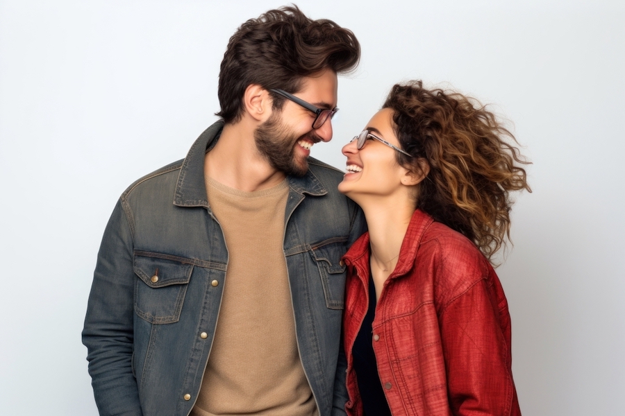 Side profile view of a brunette couple smiling at each other wearing modern dentures